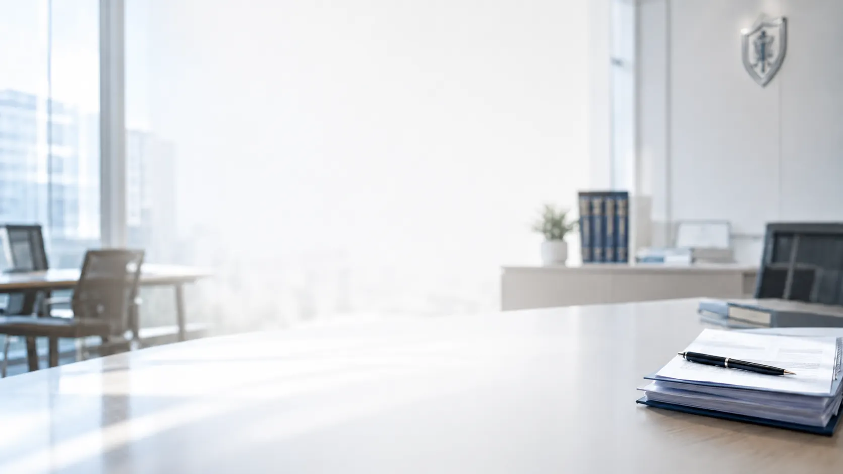 Helles Büro mit Besprechungstisch und Unterlagen